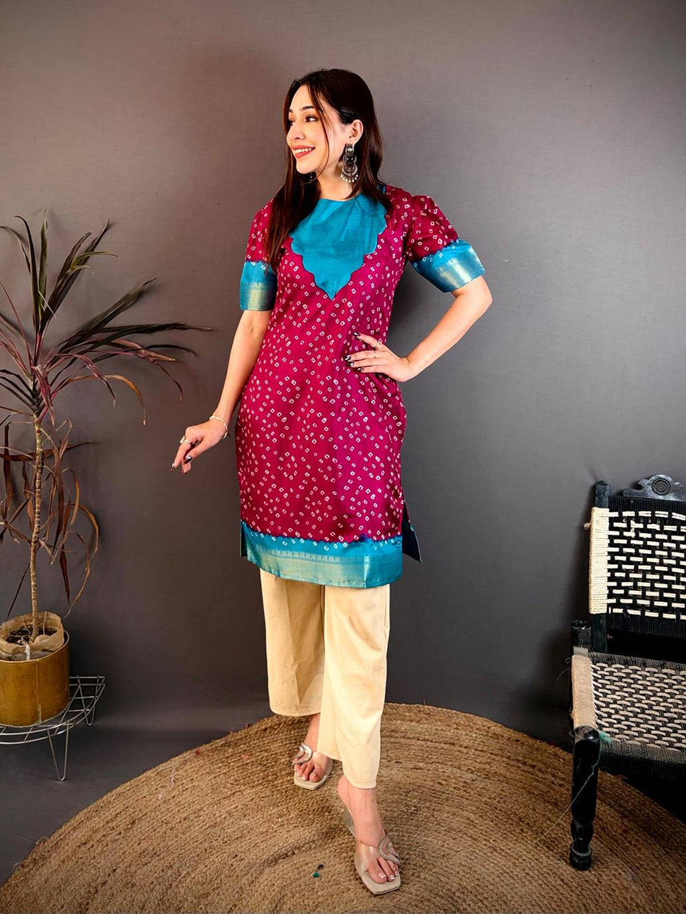 Elegant Round Neck Dola Silk Kurti