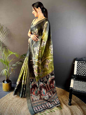 Olive Tissue Chanderi Digital Check Saree