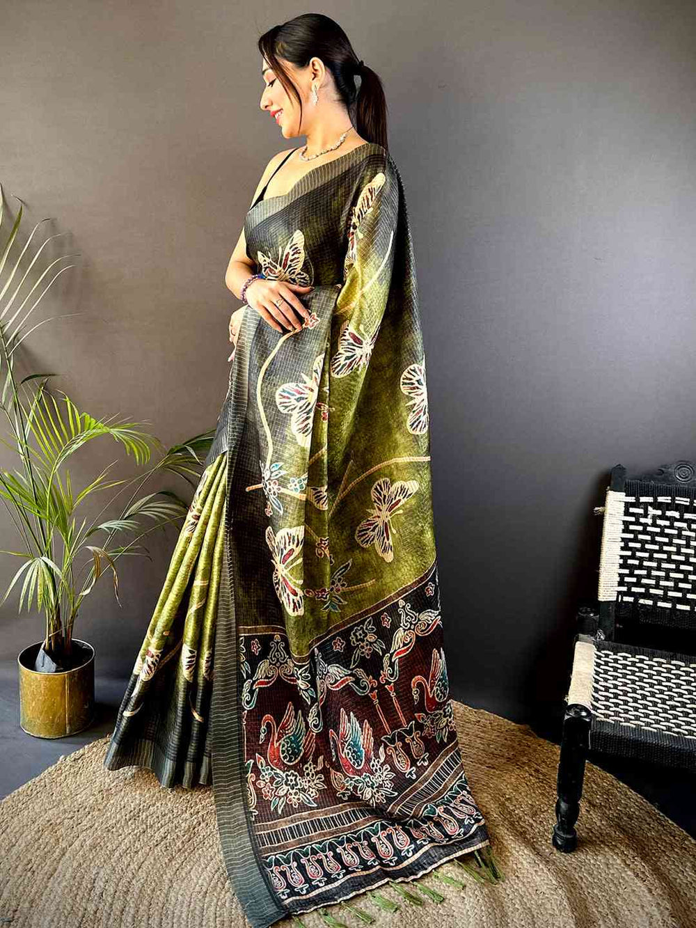 Olive Tissue Chanderi Digital Check Saree