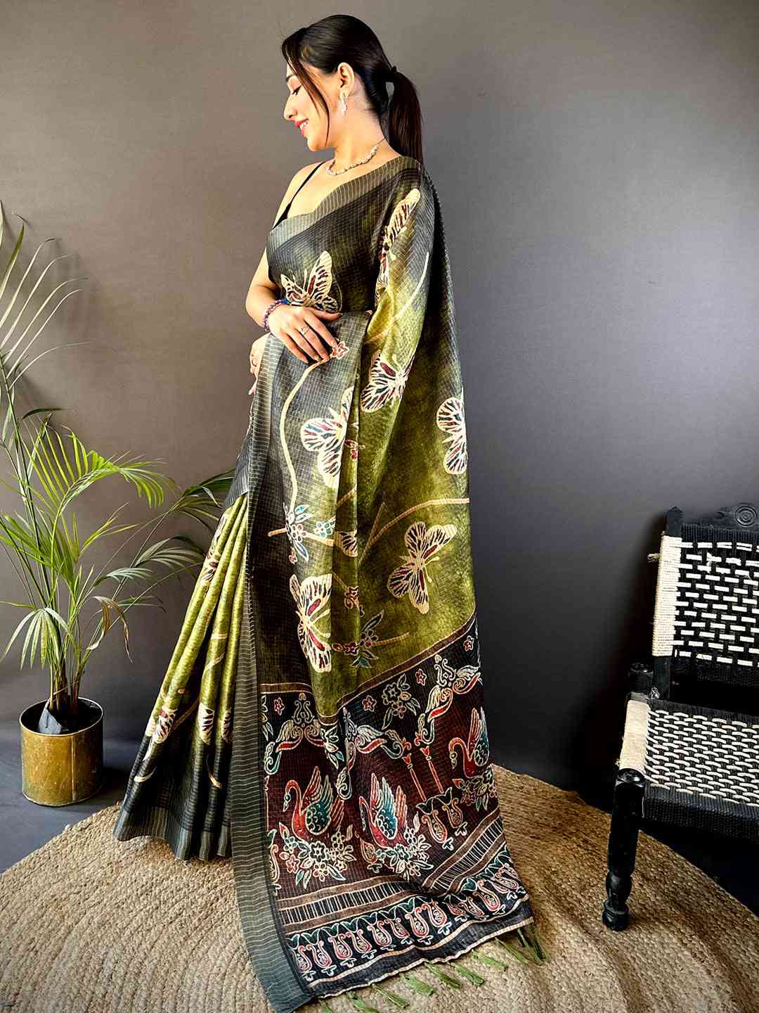 Olive Tissue Chanderi Digital Check Saree