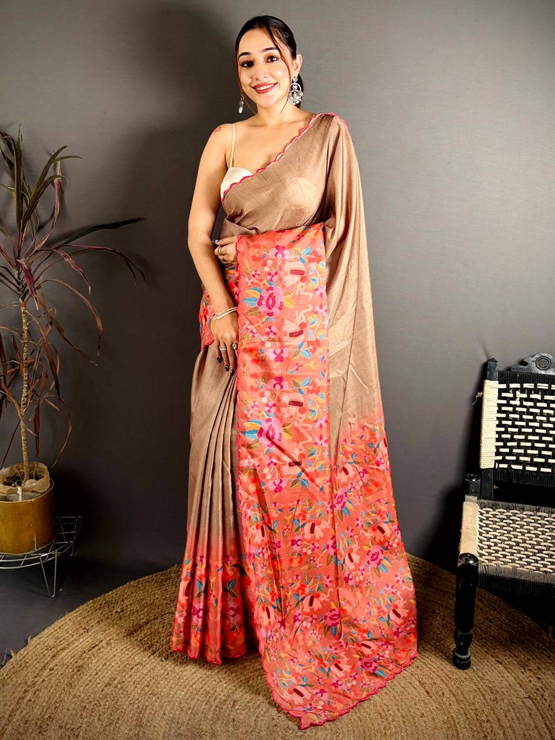 Brown Bird Print Tussar Festive Saree

