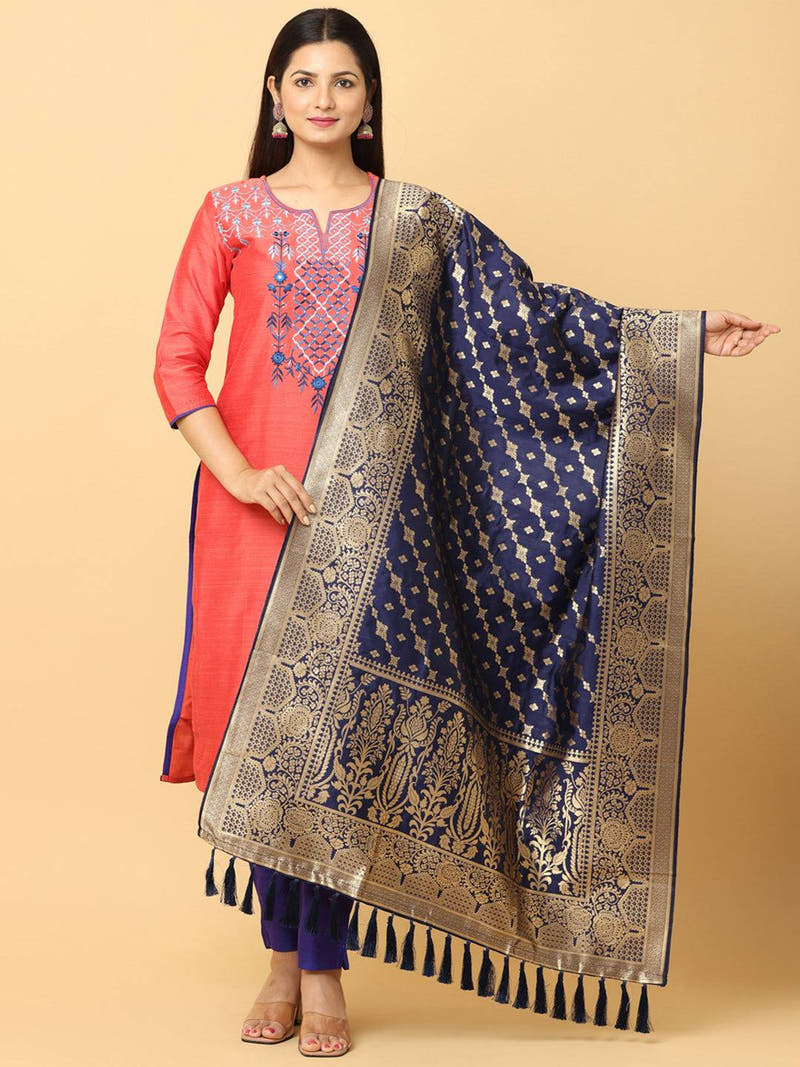 Navy silk blend dupatta with woven design and resham tassels