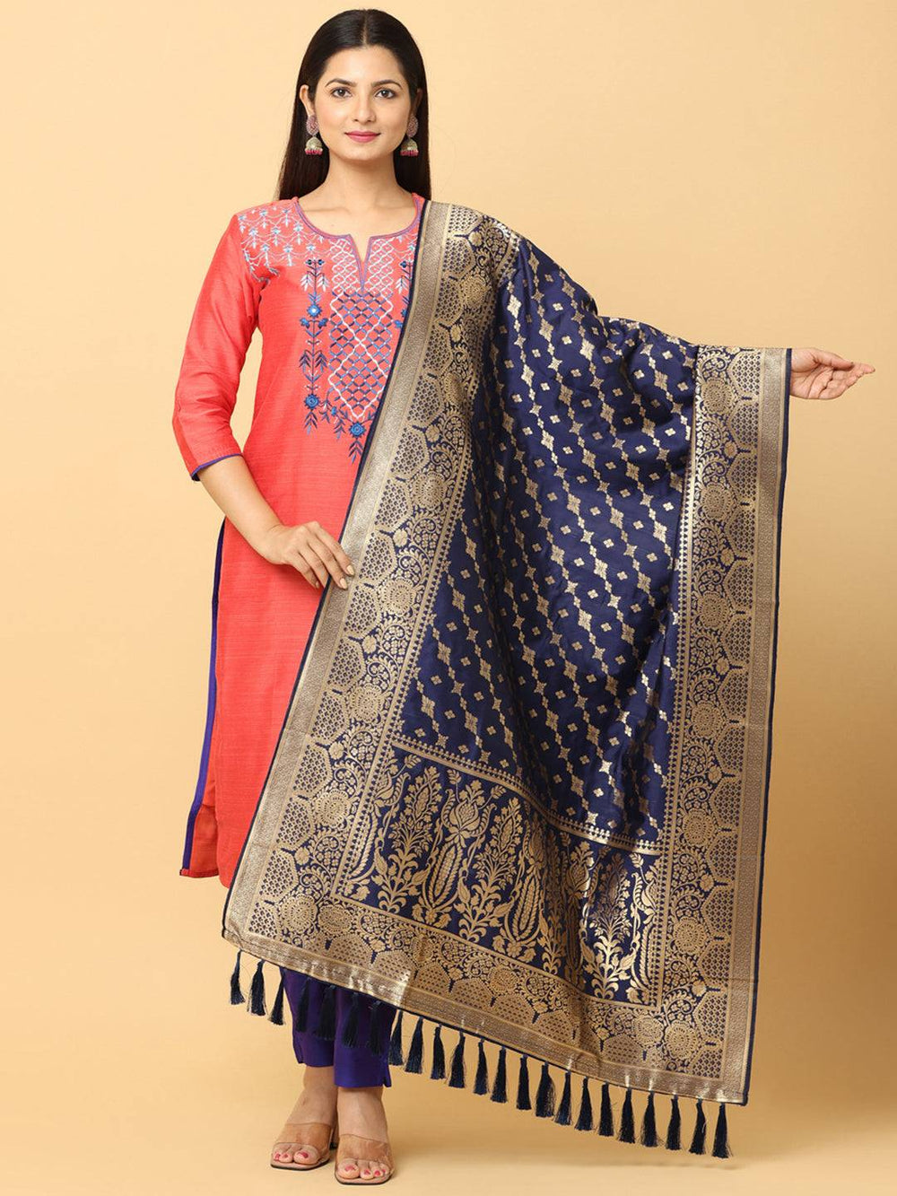 Navy silk blend dupatta with woven design and resham tassels