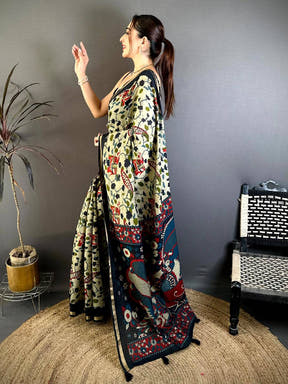 Classic Mul Cotton Elephant Kalamkari Print Saree