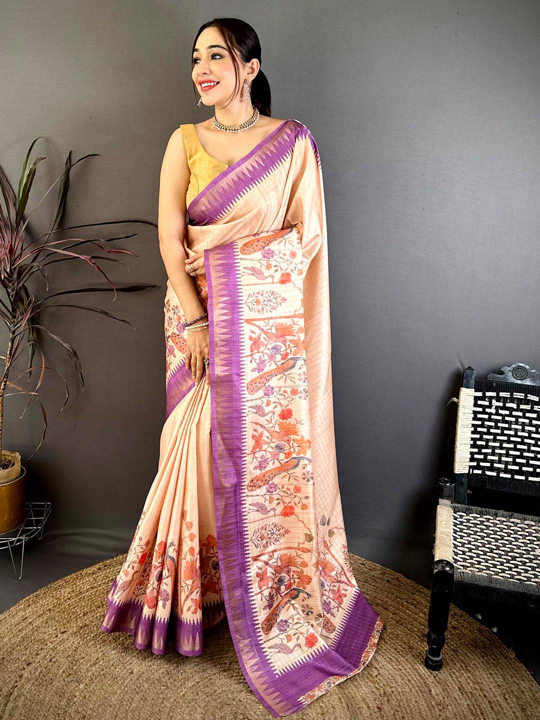 Cream Bird Motif Soft Tussar Saree