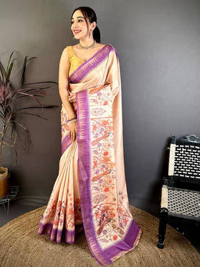 Cream Bird Motif Soft Tussar Saree