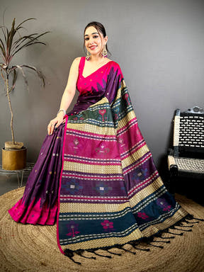 Pink Cotton Katan Bomkai Rich Pallu Saree