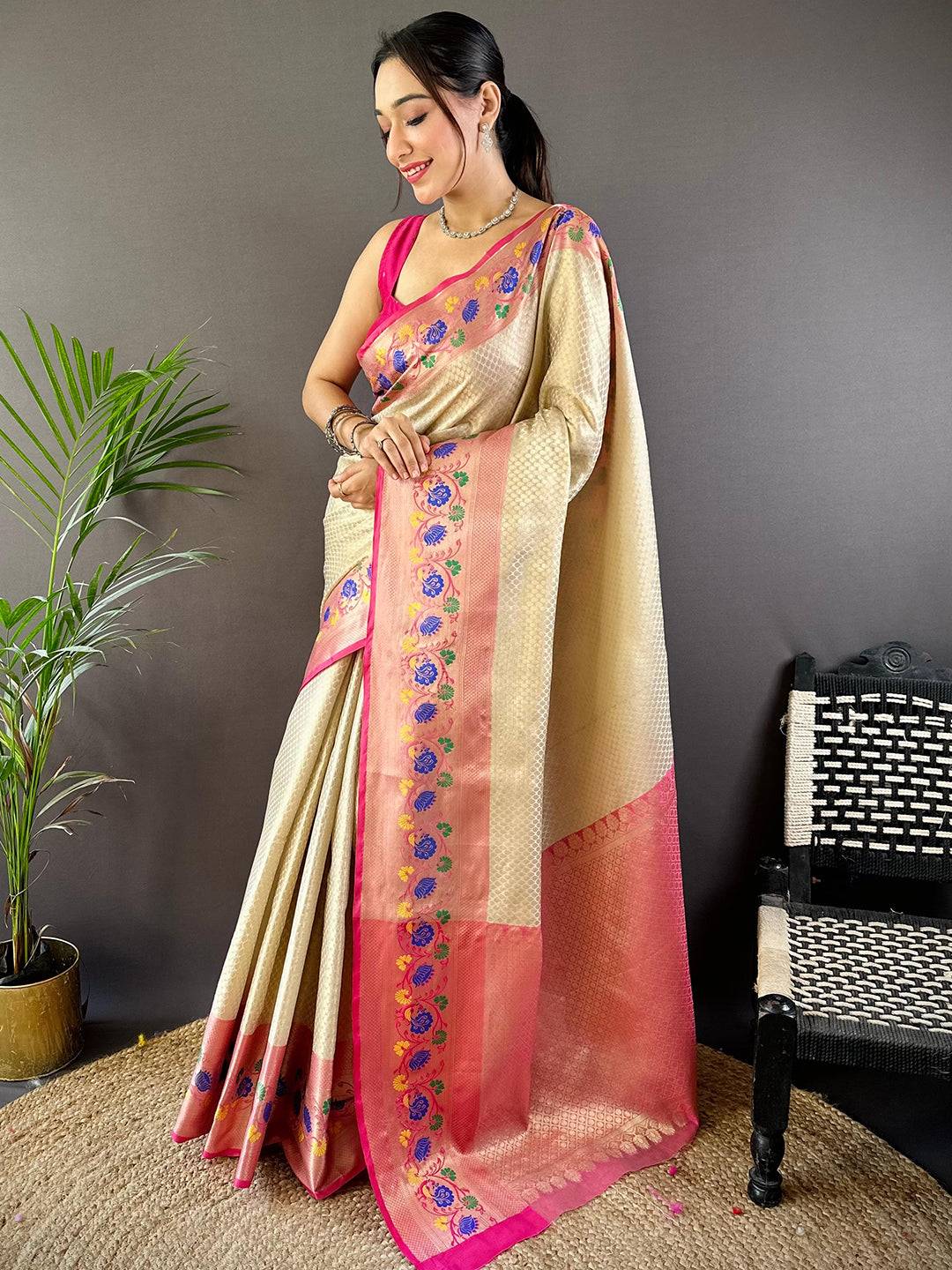 Elegant Banarasi Kota Silk Saree with vibrant floral motifs