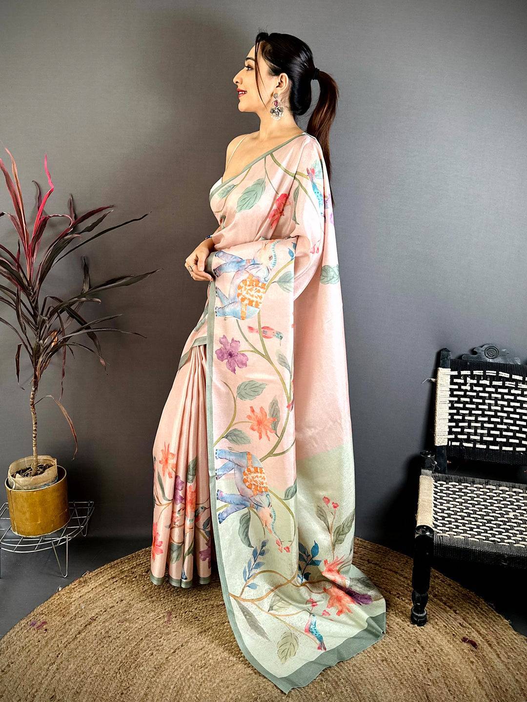 Pink Tussar Floral Water Block Saree