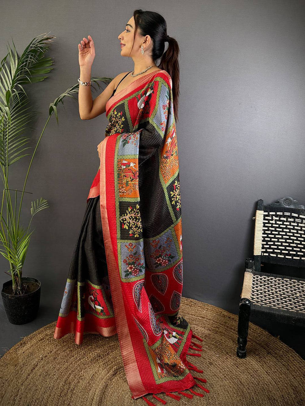 Black Tussar Kalalmkari Print Saree

