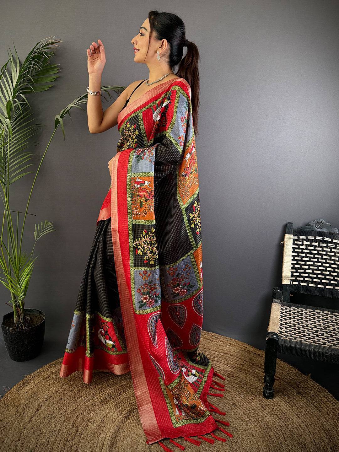 Black Tussar Kalalmkari Print Saree

