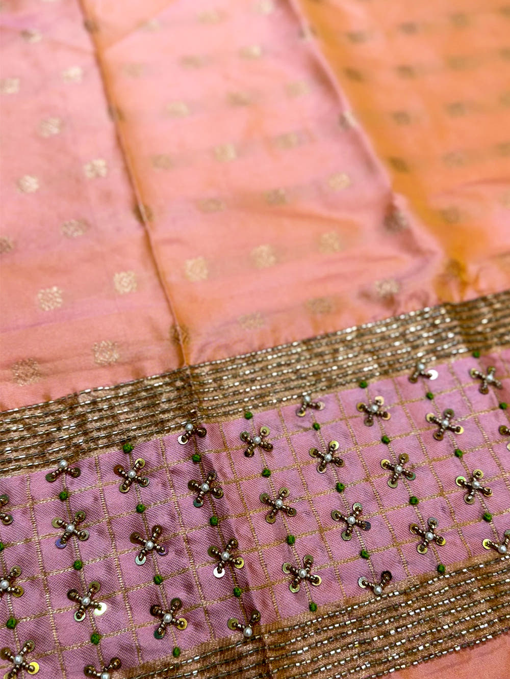 Green Kolam Zari Butta Soft Silk Saree With Maggam Blouse