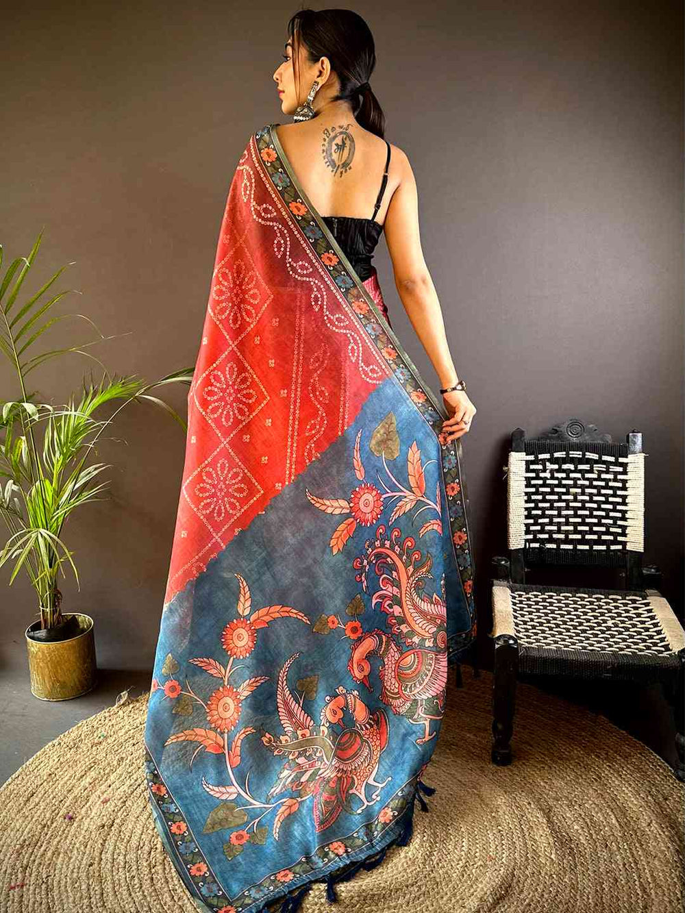 Red Tissue Bandhej Kalamkari Saree