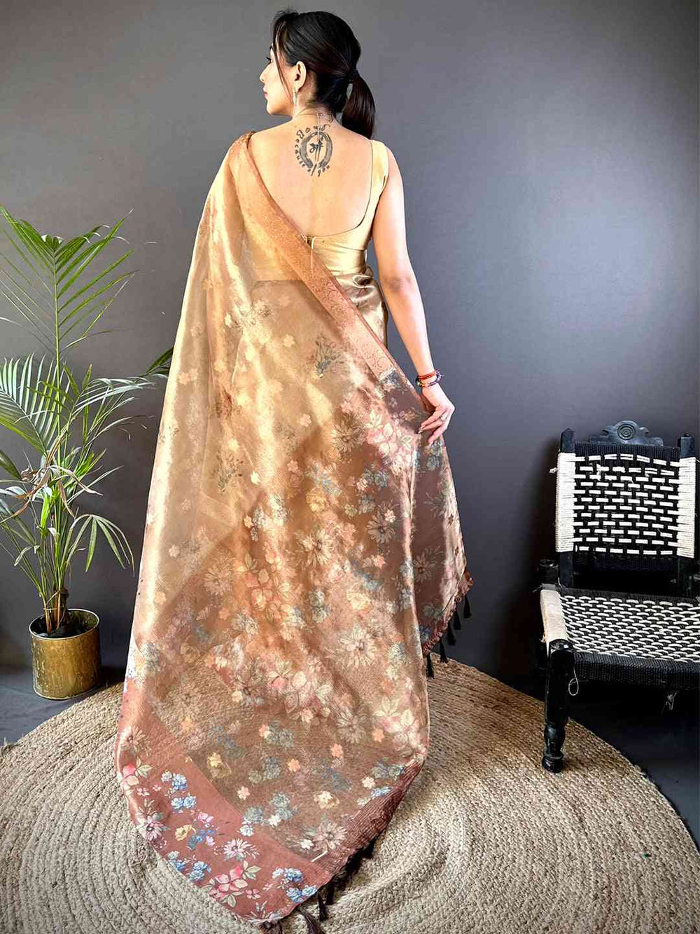 Mustard Tissue Digital Floral Saree