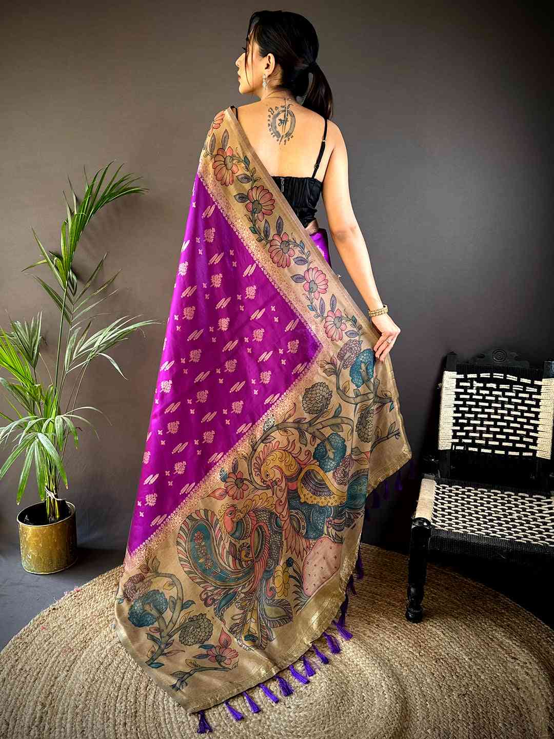 Purple Soft Silk Kalamkari Printed Pallu Saree