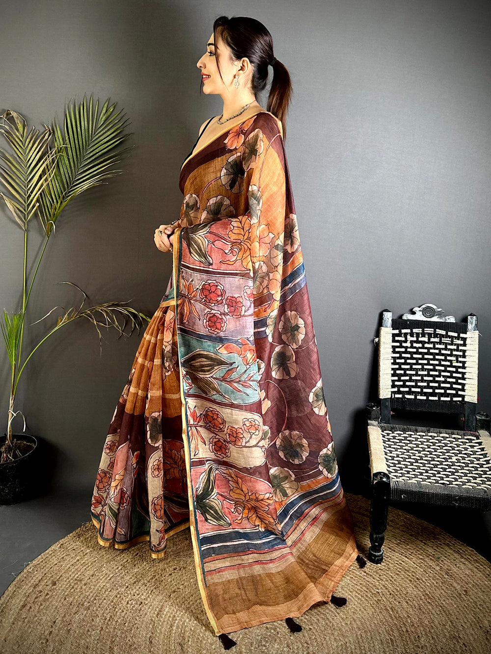 Regal Hand Block Floral Linen Saree


