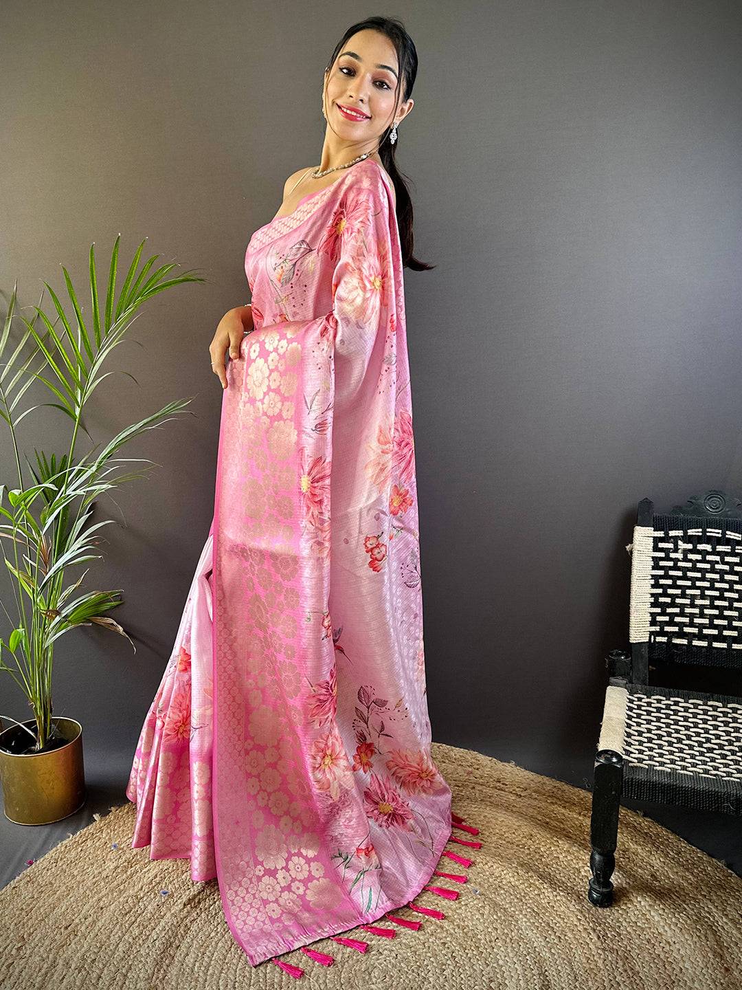 Dahlia Pink Kota Doriya Zari Floral Kanchi Border Saree