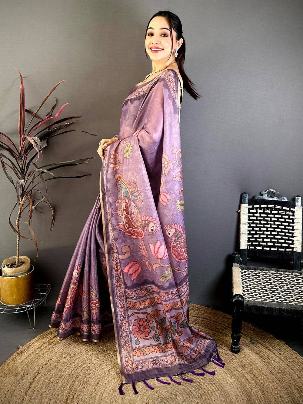 Lavender Vintage Pen Kalamkari Chanderi Saree