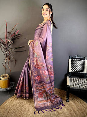 Lavender Vintage Pen Kalamkari Chanderi Saree