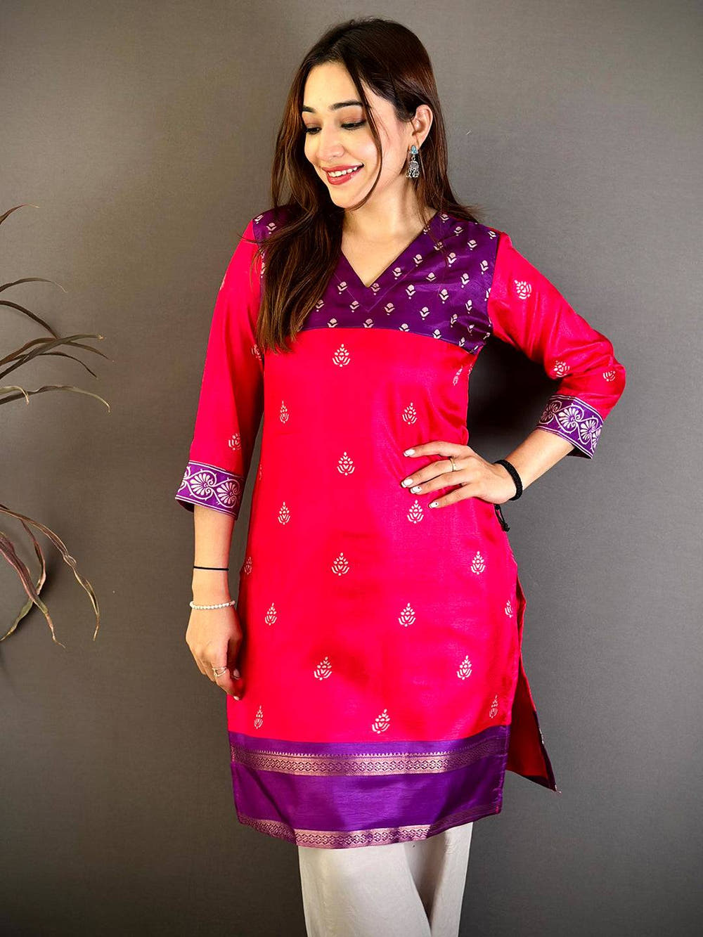 Opulent V Neck Soft Dola Ethnic Kurti