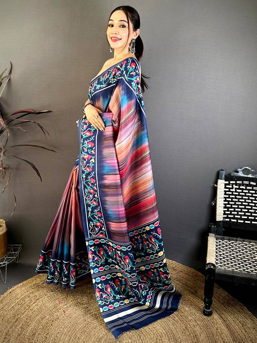 Vibrant Parrot Ikkat Print Tussar Saree