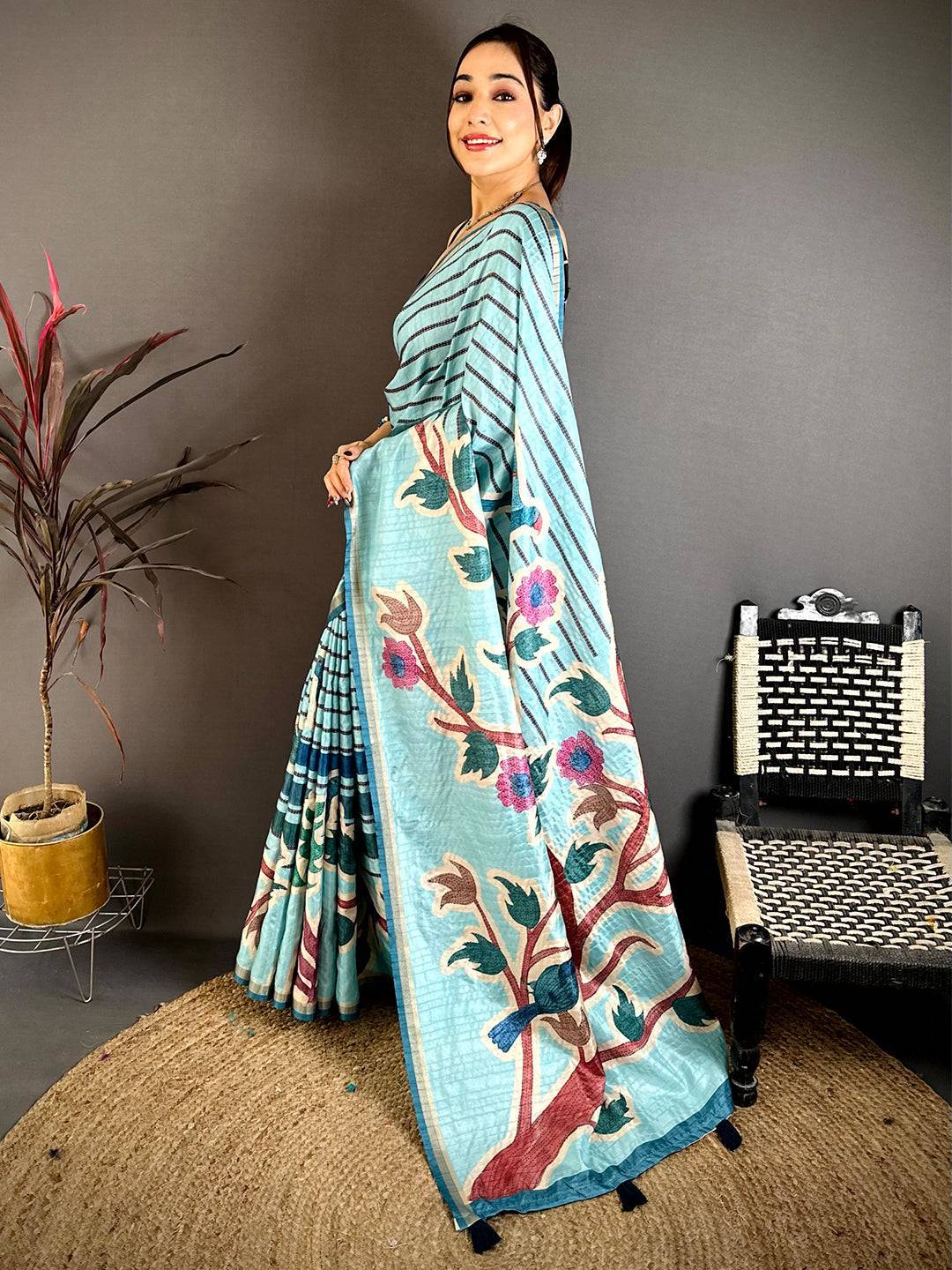 Sky Blue Tussar Ghicha Floral Bird Saree