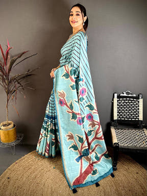 Sky Blue Tussar Ghicha Floral Bird Saree
