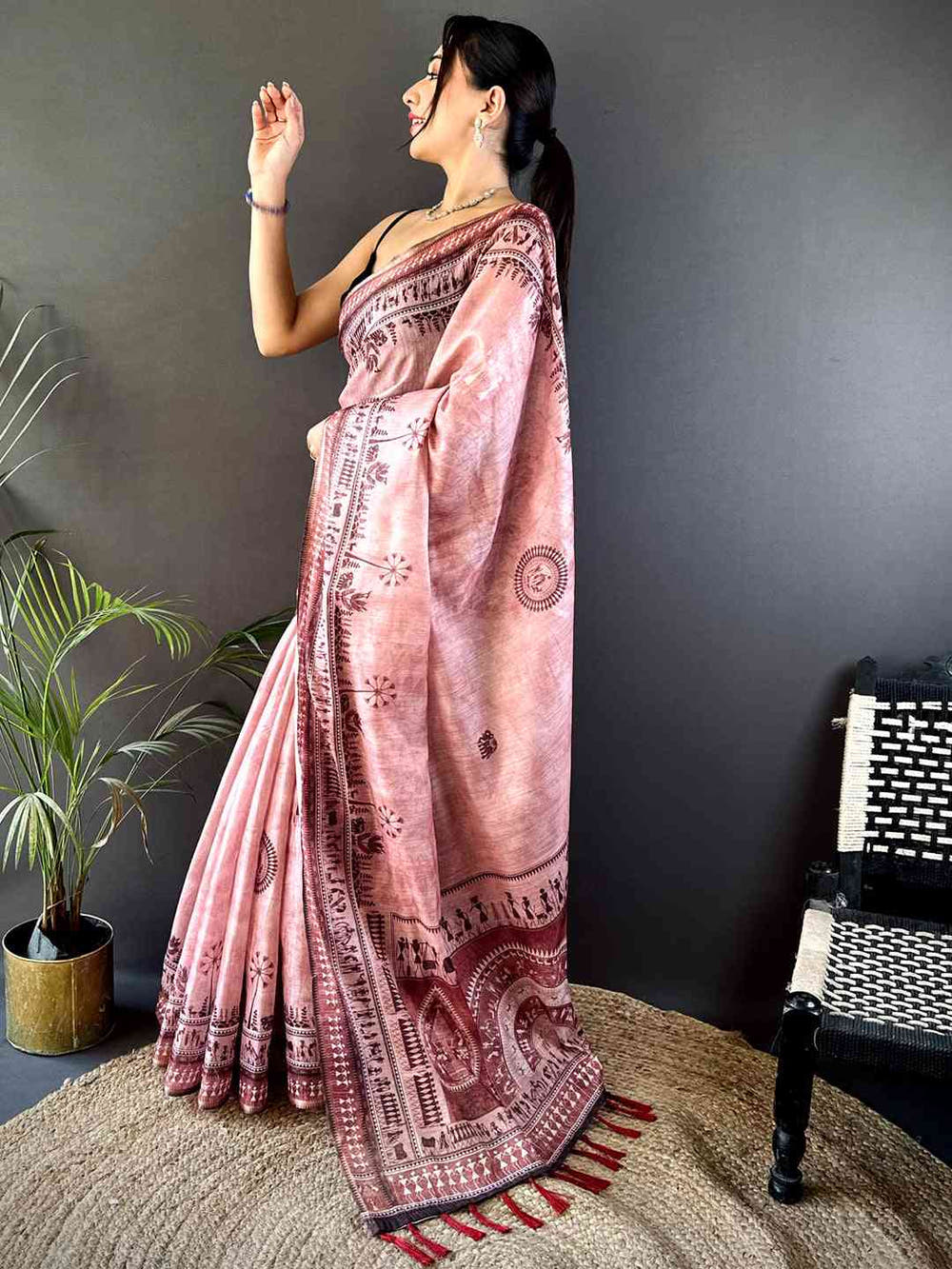Dusty Rose Warli Print Tissue Chanderi Saree