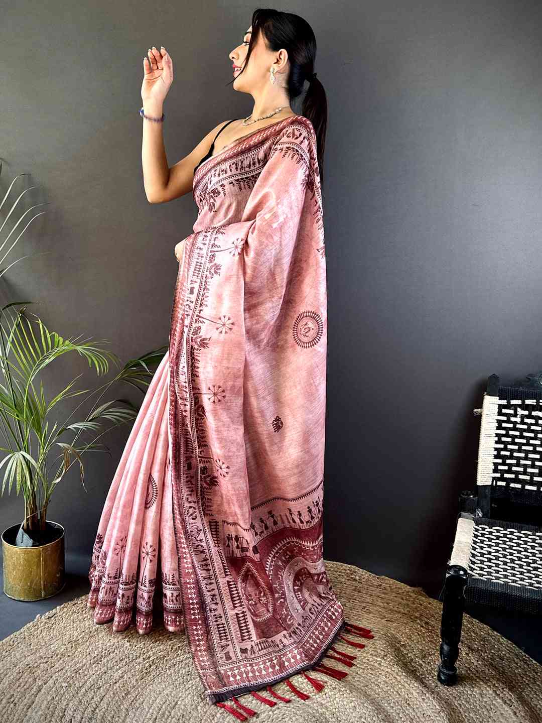 Dusty Rose Warli Print Tissue Chanderi Saree