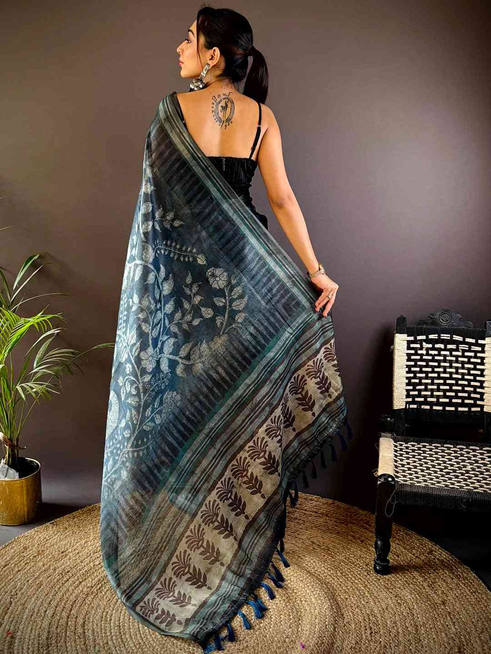 Deep Teal Floral Stripes Tissue Saree