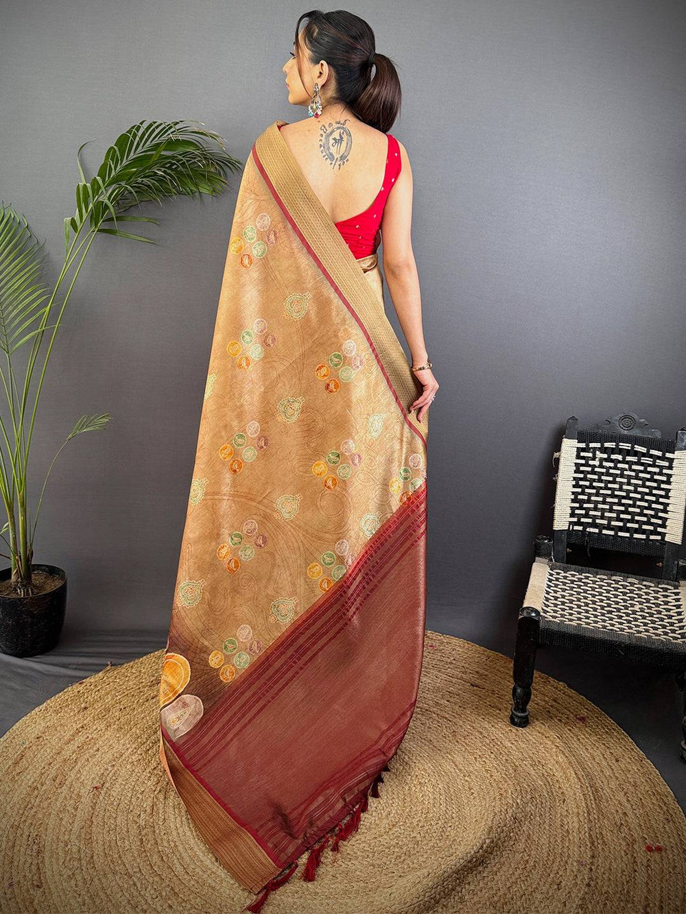 Light Brown Tussar Silk Kalamkari Print Saree