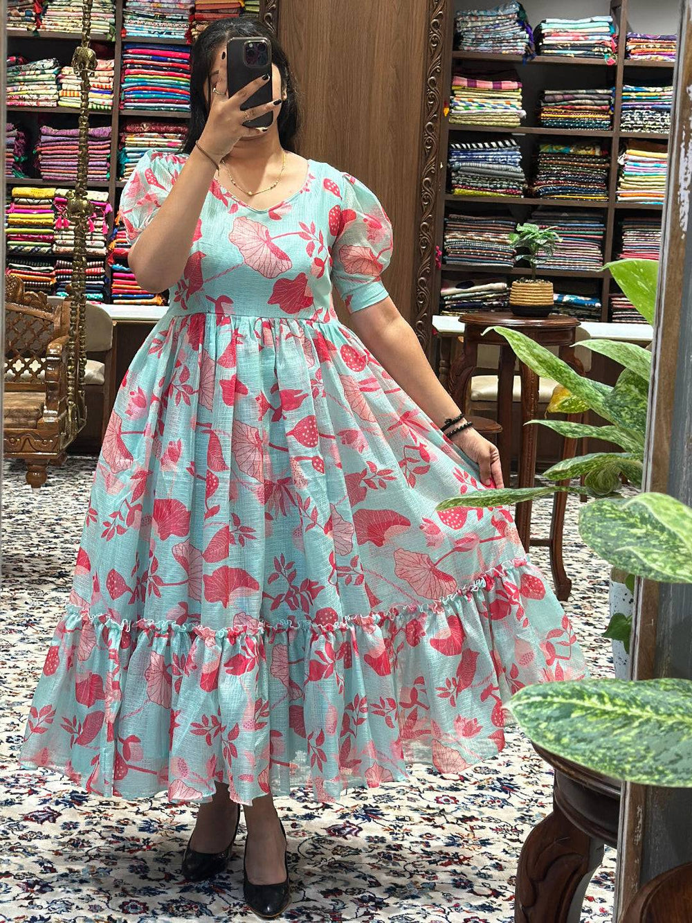 Ocean Blue Abstract Print Dress with floral design