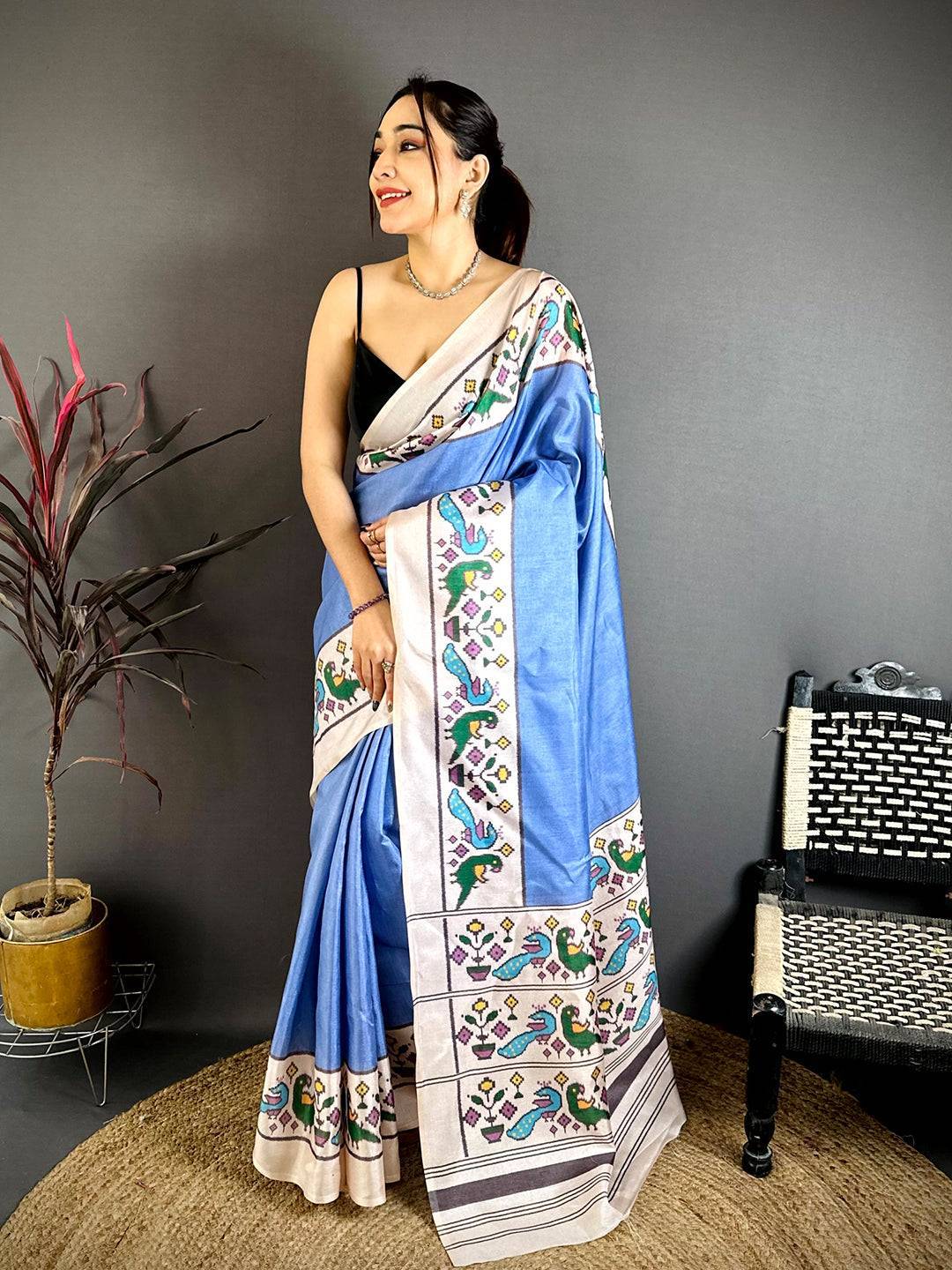 Royal Sky Blue Ikkat Soft Tussar Saree