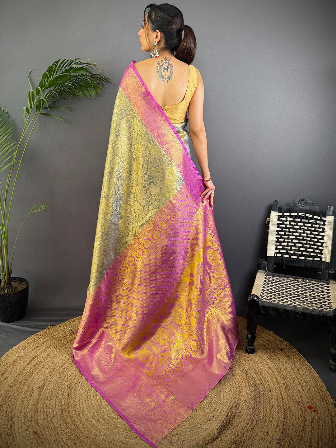 Grey Golden Threadwork Dharmavaram Saree

