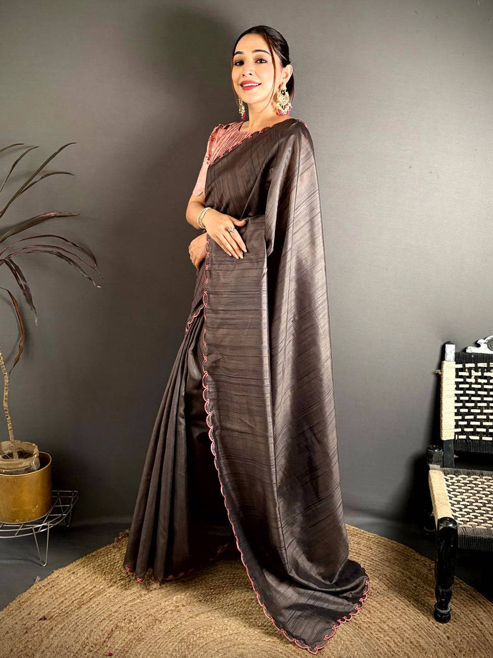 Korean Tussar Contrast Cutwork Saree