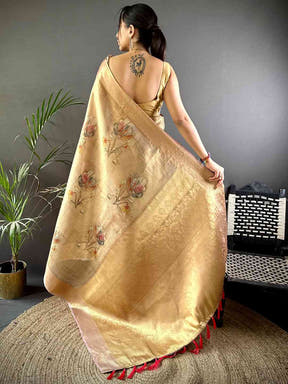 Stylish Pink Self Gold Zari Floral Print Saree