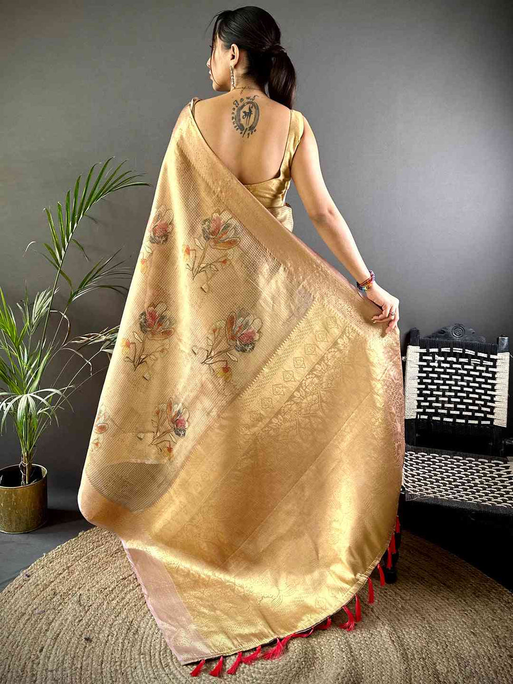 Stylish Pink Self Gold Zari Floral Print Saree
