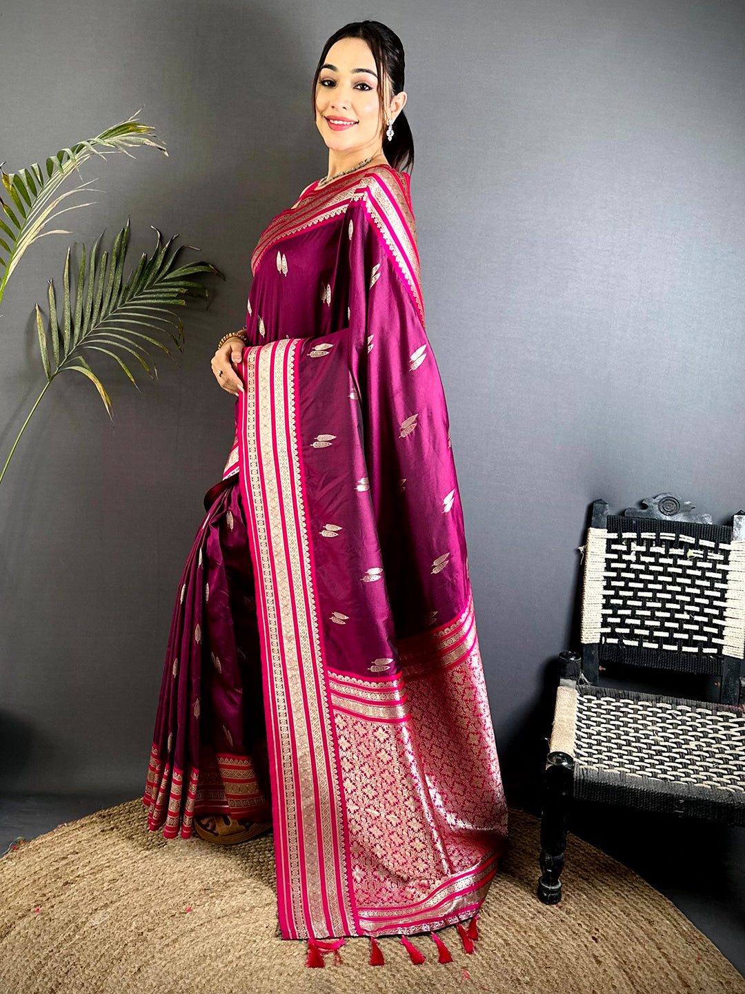 Wine Soft Silk Satin Minakari Border Saree