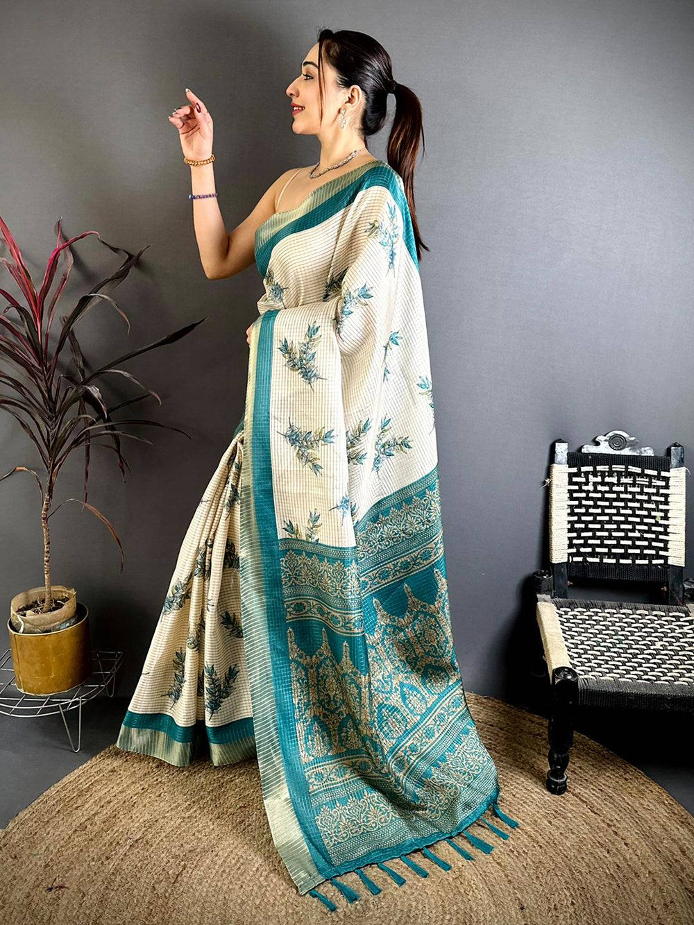 Rama Leaf Minakari Tussar Saree
