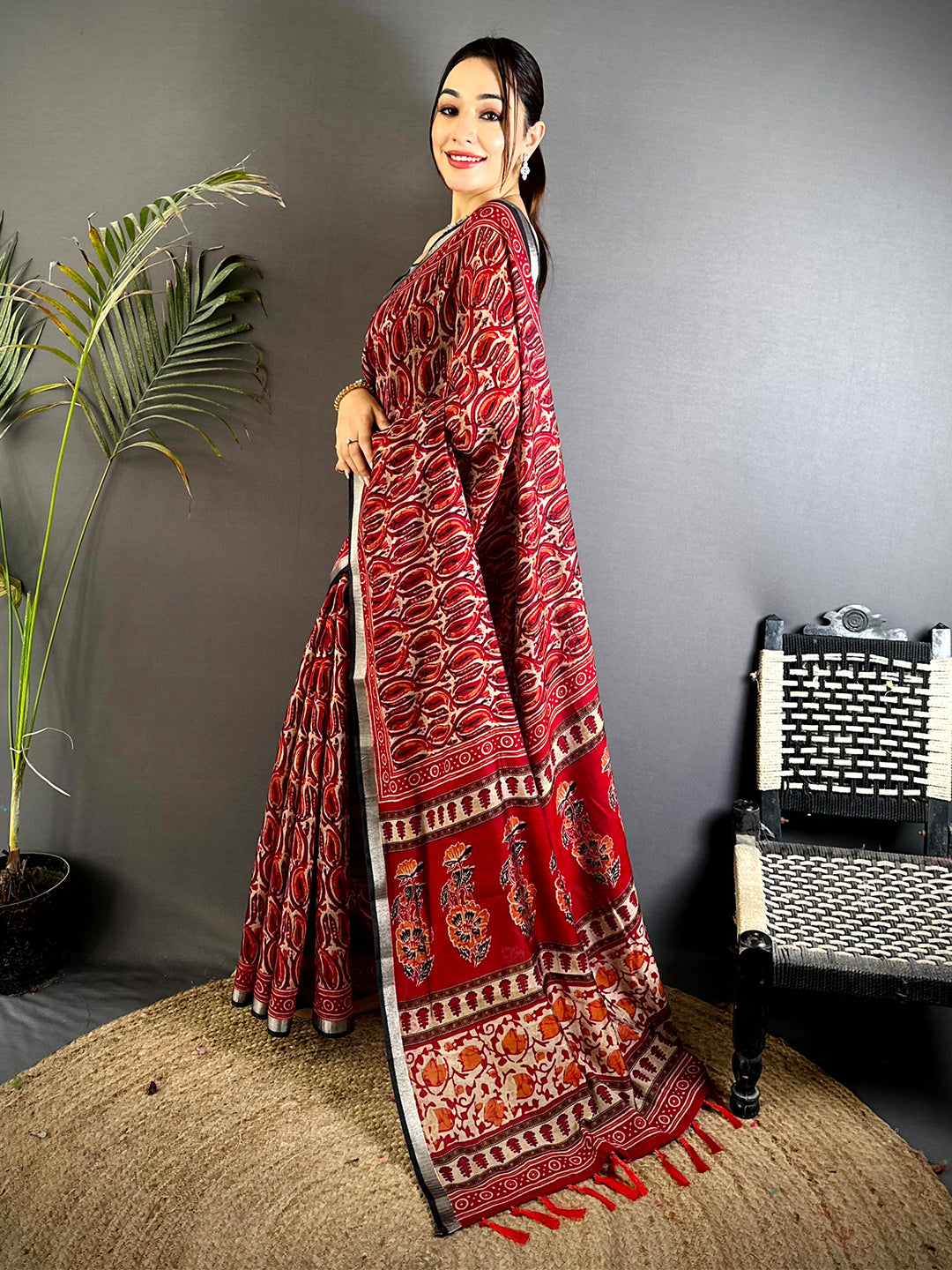 Red Ikkat Ajrakh Print Viscose Saree