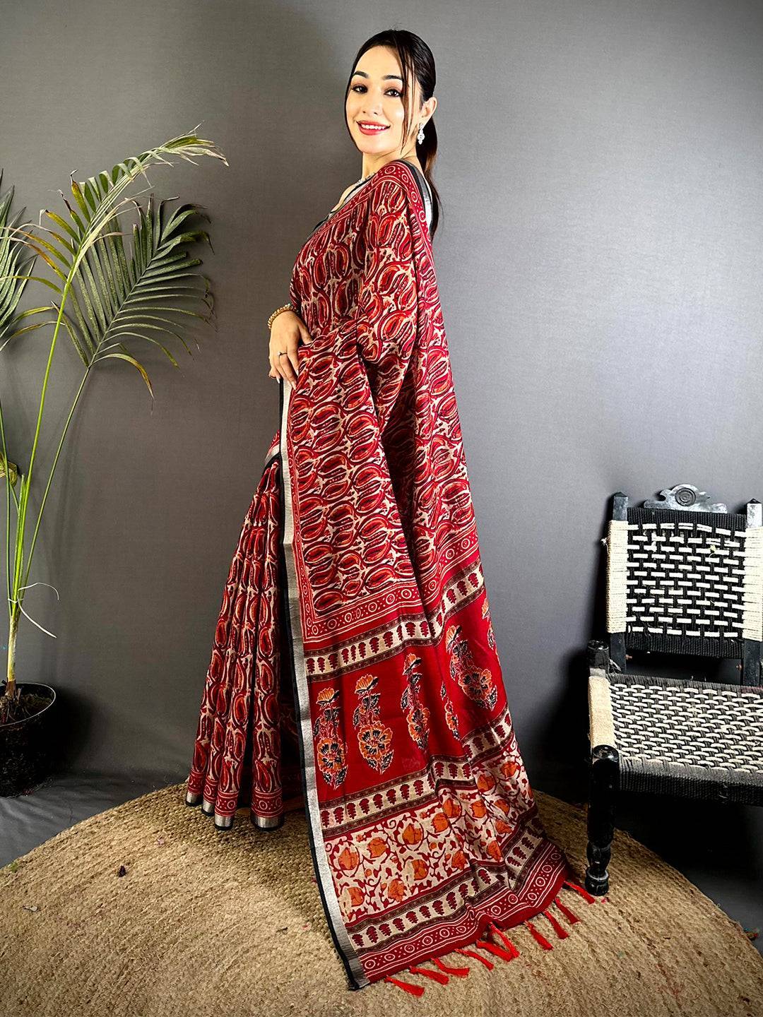 Red Ikkat Ajrakh Print Viscose Saree

