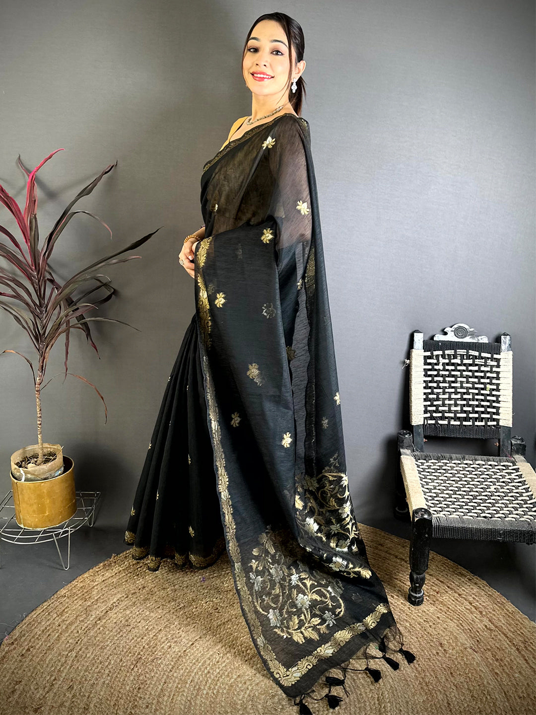 Black Sona Chandi Muga Cotton Saree