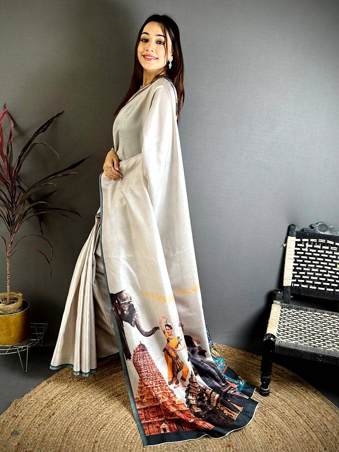
Royal Tamil Cultural Icons Digital Print saree


