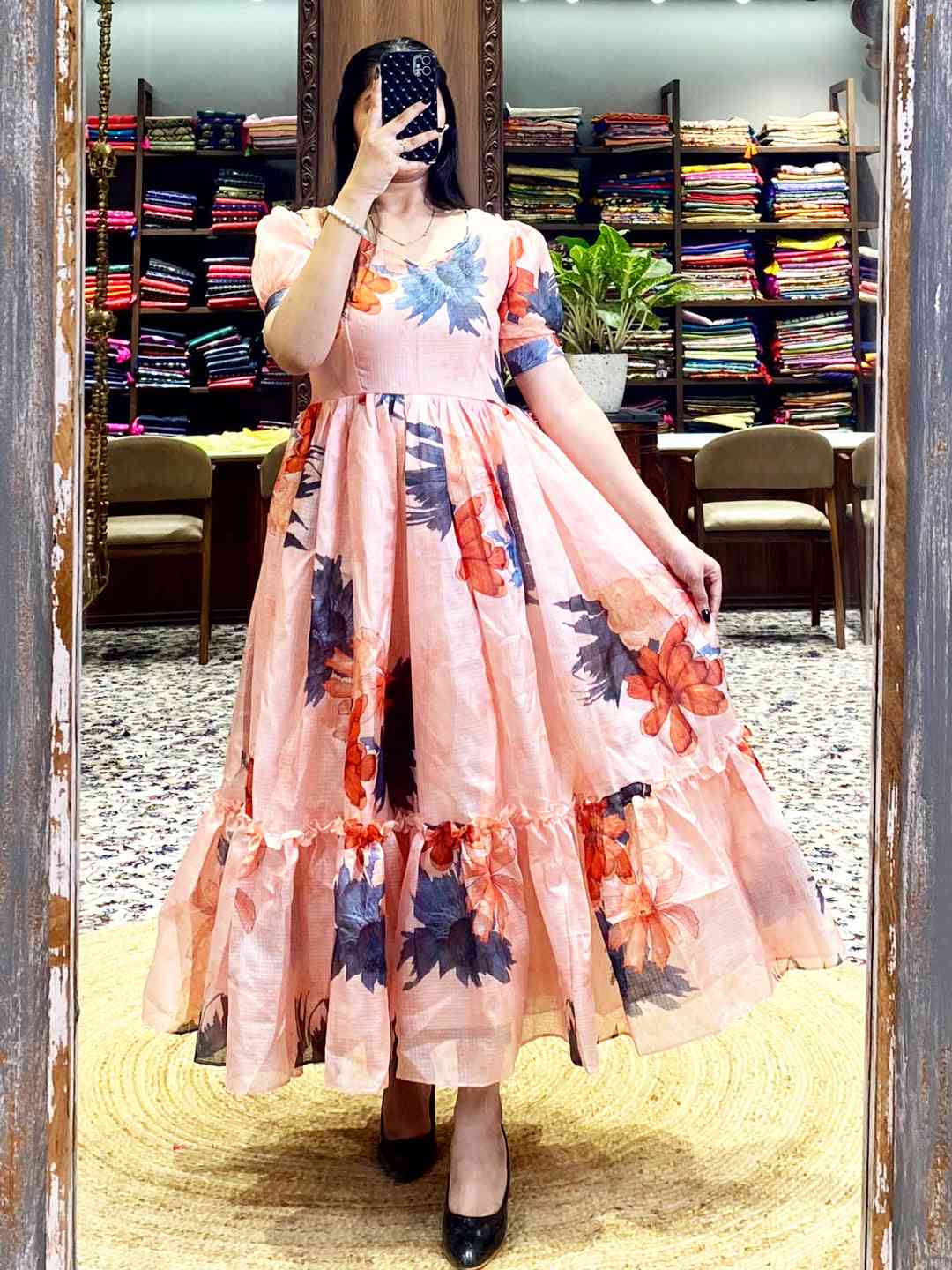 Pastel Peach Floral Print Midi Dress Online Vastranand