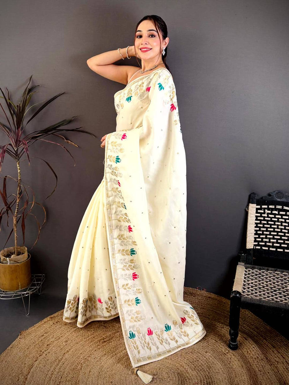 White Soft Satin Minakari Aari Work Saree