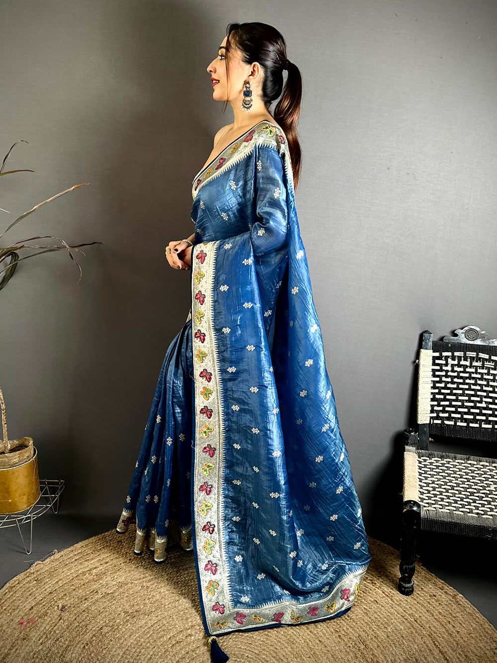 Blue Crush Silk Zari Embroidered Saree
