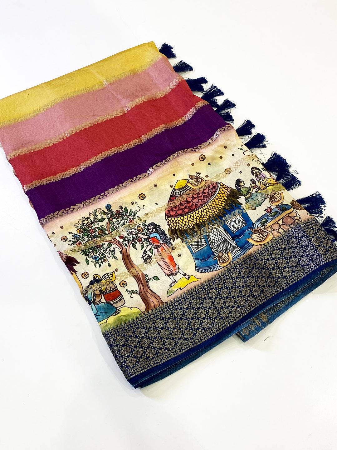 Opulent Soft Silk Kalamkari Zari Stripe Saree