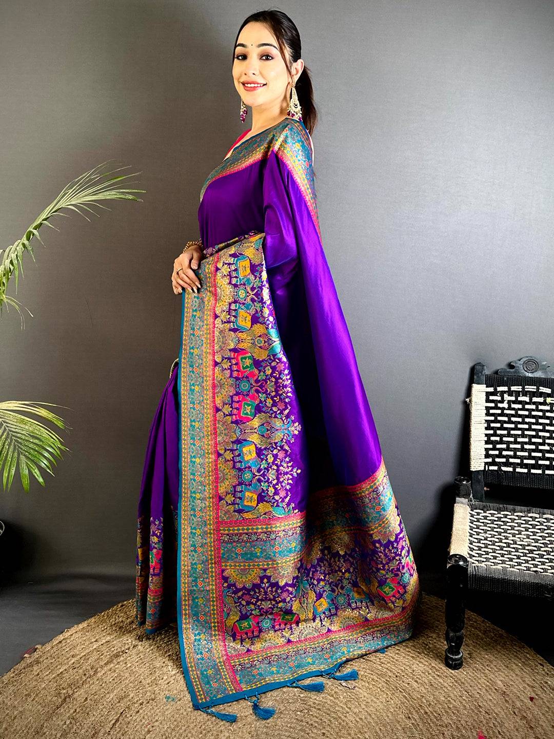 Purple Kashmiri Art Soft Silk Saree