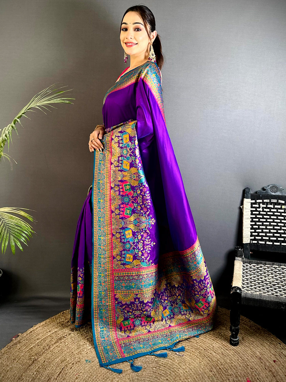 Purple Kashmiri Art Soft Silk Saree