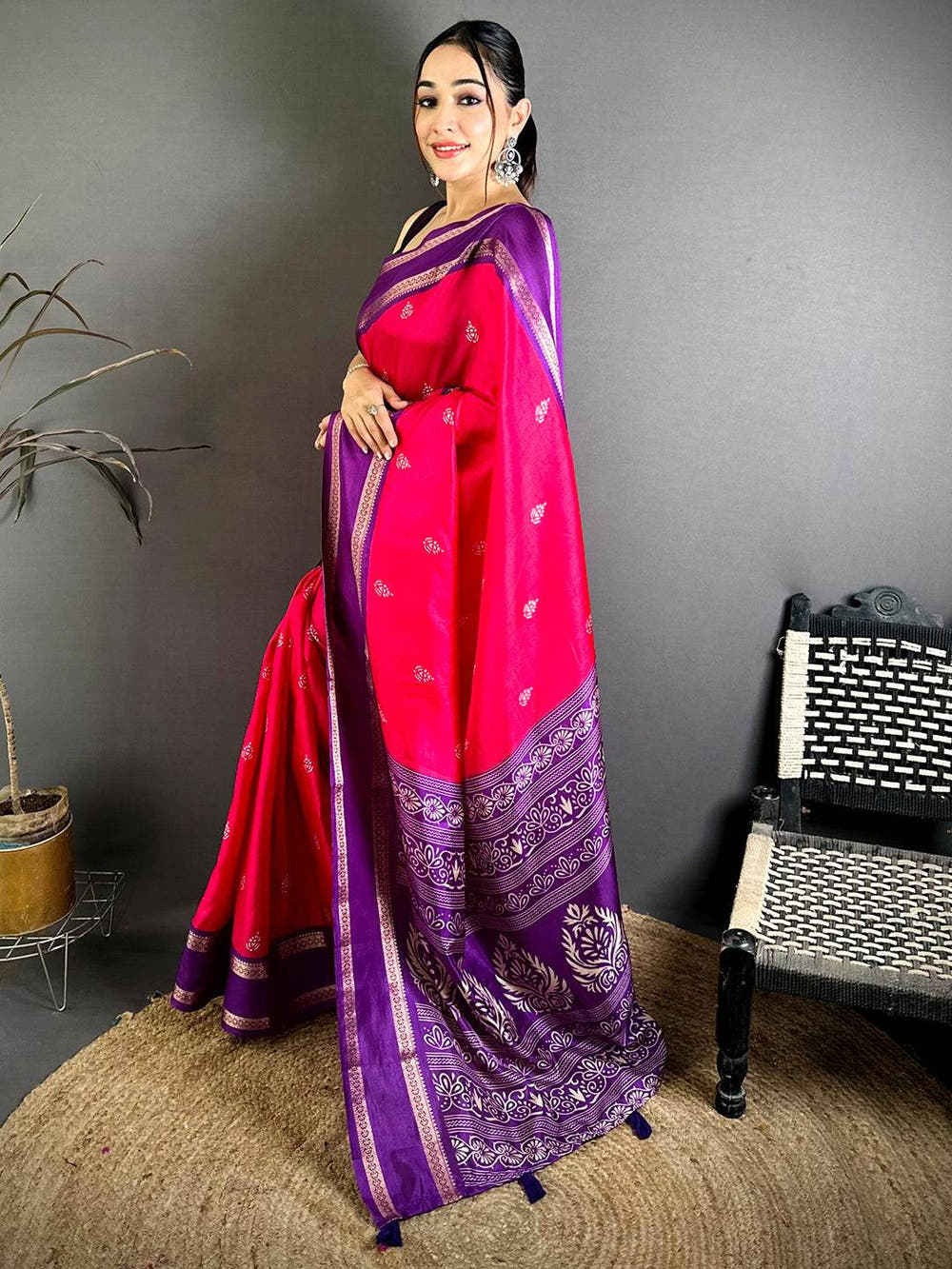 Rani Pink Soft Dola Block Print Pallu Saree